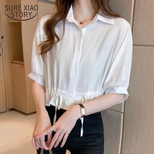 Blusas Mujer 2020 Summer Korean Loose Short Sleeve White Top Female Simple Fashion Drawstring Polo Collar Women Blouses 10085