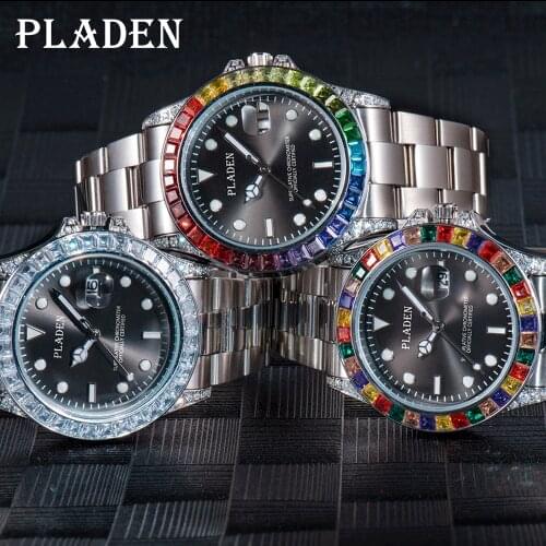 PLADEN Top Brand Mens Watches Luxury Rainbow Bezel Sapphire Glass Stainless Steel 30M Waterproof Fashion Quartz Watch For Male