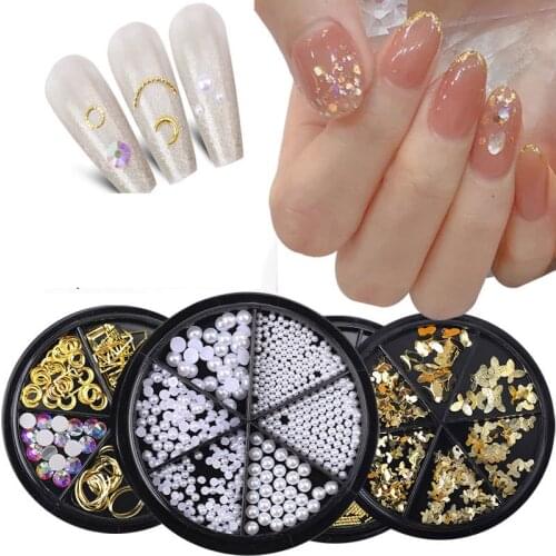 CHNRMJL 6 Girds/Box 3D Nail Art Rhinestones Mixed Rivet Pearl Stud Bead Shell Tips UV Gel Nails Art Decorations Accessories Tool
