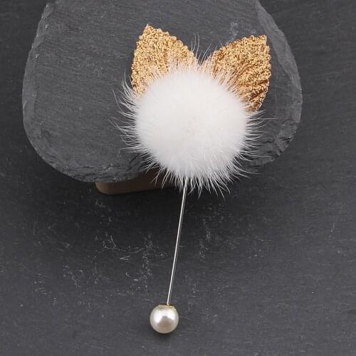 Kids Girls Cute Mink Hair Fur Pompom Ball with Shiny Sequin Gold Leaves Corsage Pin Brooch Women Coat Collar Boutonniere Jewelry