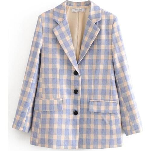 European And American Retro Design Autumn New Blue Plaid High Quality Fashion Suit Office Commuter Elegant Casual lady jacket