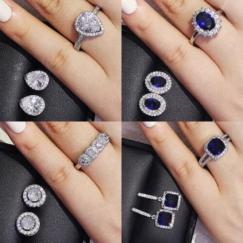 2pcs Pack Luxury Fashion Pink Blue 925 Sterling Silver Jewelry Set For Wedding Women Dubai Ring Earring Party Gift Jewlery Z8