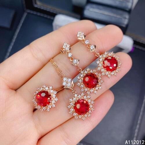 KJJEAXCMY fine jewelry natural red topaz 925 sterling silver luxury girl pendant necklace earrings ring set support test