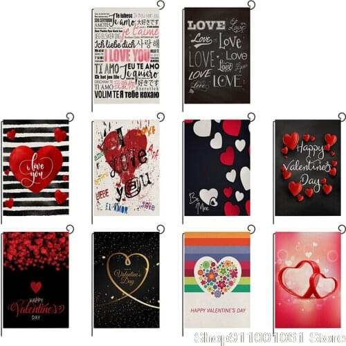 Nordic Red Love Heart Printed Linen Flag Valentines Day Decoration Flag Poster For Outdoor Courtyard Garden Decorative Flag