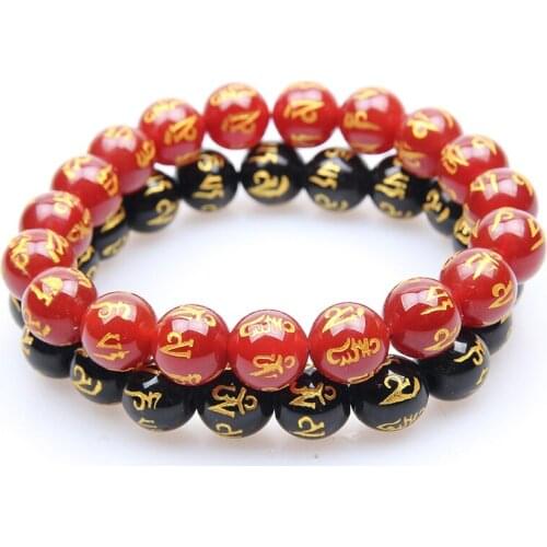 10mm Lucky Buddhism Yoga Balance Obsidian Bracelet Men Sanskrit Black Red Natural Stone Beads Bracelet for Women Prayer Jewelry