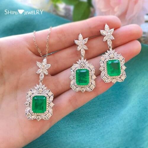 Shipei Vintage 100% 925 Sterling Silver Emerald Gemstone Earrings/Pendant/Necklace Engagement Fine Jewelry Women Jewelry Set