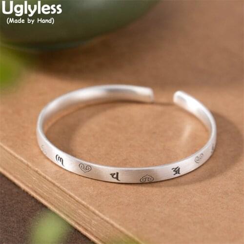 Uglyless New Popular Flat Bangles for Women Solid 999 Full Silver Open Bangles Thai Silver Heart Patterns Buddhism 6-Word Mantra