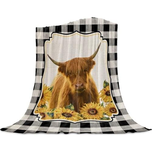 Country Style Highland Cow Sunflower Throw Blanket for Sofa Christmas Decoration Bedspread Portable Microfiber Flannel Blanket