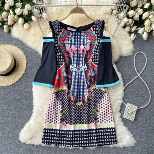 European and American dress summer new scheming hollow off shoulder sleeves temperament round neck slim short printed holiday