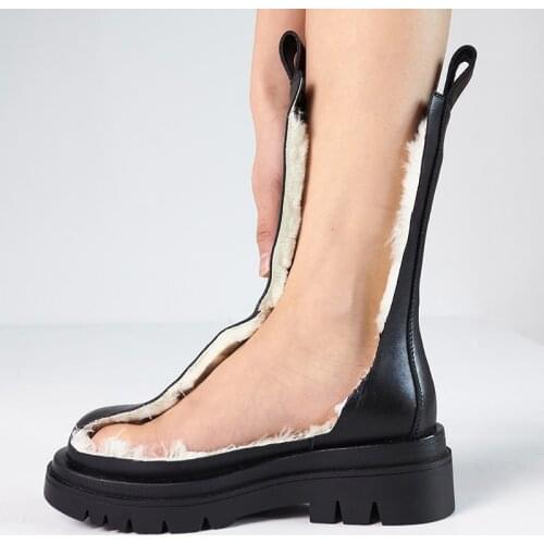 Hot Sale Platform Tube Ankle Boots 2020 Winter Leather Faux Fur Warm Plush Chunky Heels Booties Ladies Chelsea Boots Big Size 42