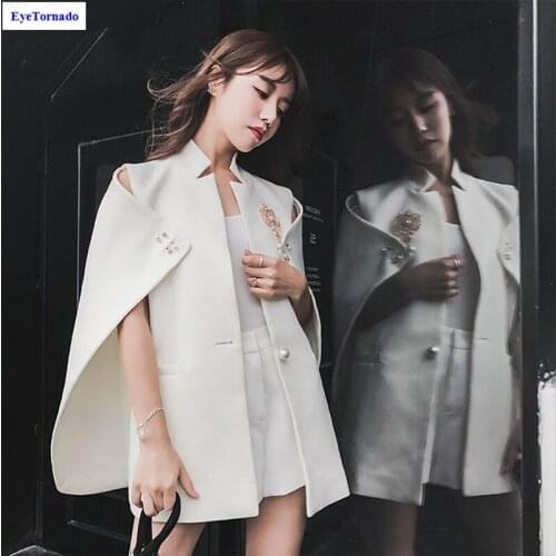 Women Pearls Beading Batwing Sleeve Short Cloak Autumn Work Party Poncho Cape White OL Trench Cape Coat 9998