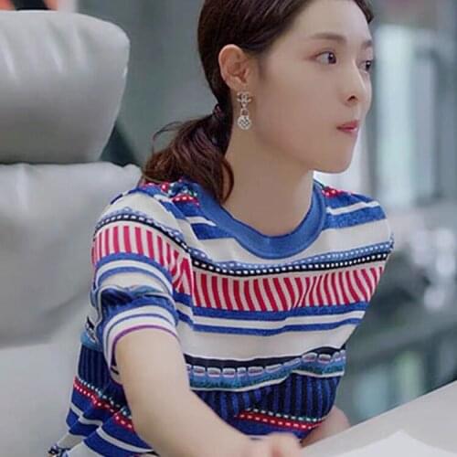 Ice Silk Sweater Short-Sleeved T-shirt 2021 Womens Spring and Summer Thin Pullover round Neck Multicolor Striped Slim Top