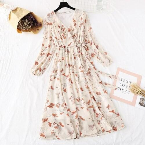 Beach Dress Boho Floral Printed Waist Spring Autumn 2020 New Holiday Chiffon Long Sleeve Plus Size V-neck Casual Dress Women