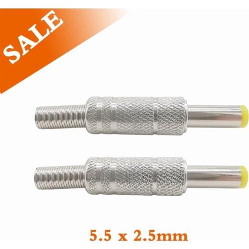 5Pcs/Lot 5.5x2.5mm Silver DC Power Jack Male Plug Metal Connector with Yellow Head 5.5*2.5 mm DC Plugs with Spring Adapter