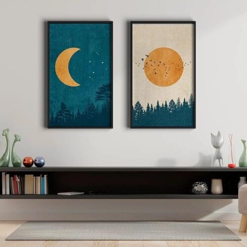 Abstract Boho Landscape Pictures Moon Sun Posters And Prints Vintage Wall Art Nordic Forest Canvas Painting For Bedroom Decor