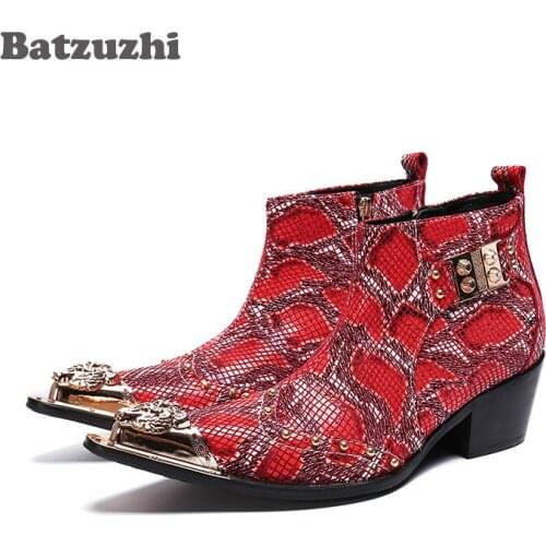 Batzuzhi 6.5cm Heels High Boots Men Formal Leather Ankle Dress Boots Gold Pointed Toe Red Party and Wedding Shoes Botas Hombre