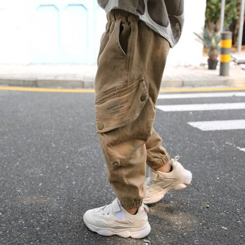Children Spring and Autumn Trousers Splicing Large Pockets Hot Boys Cargo Pants 4-14years Old Cotton Korean Loose Pants