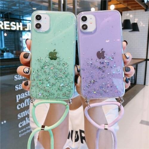 Bling Glitter Stars Sequins Phone Case For iPhone 11 Pro XS Max 12 MiNi XR X Soft Cover For iPhone 6 6S 7 8 plus with Lanyard