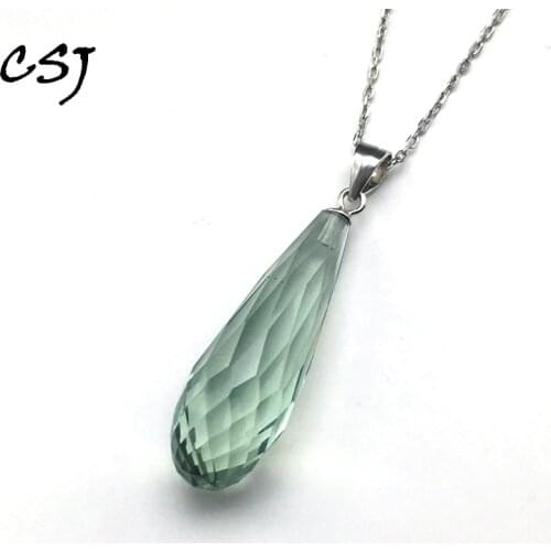 CSJ Natural Green Amethyst Pendant Sterling 925 Silver Big Stone 10*30mm 20ct Fine Jewelry Necklace For Women Wedding Party Gift