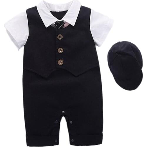 Baby Clothes Newborn Rompers for Boy Fake Vest Short Sleeve Romper with Hat 2021 Summer Formal Suit Baby Gift