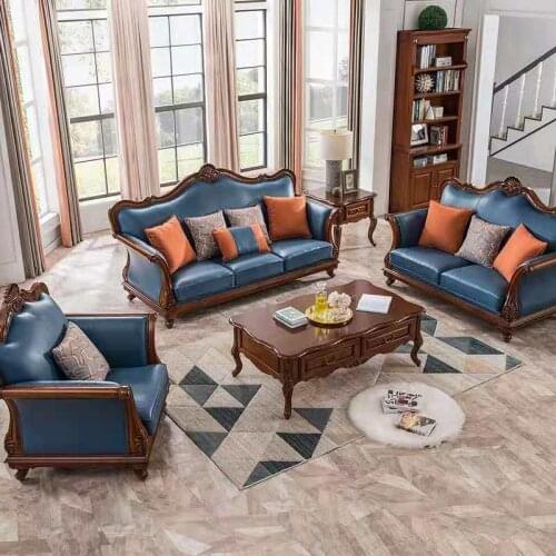 Sofa American solid wood leather sofa combination European light luxury villa living room sofa 1+2+3 solid wood sofa