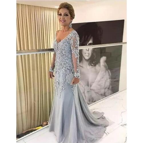 Elegant Blue Silver Mother of the Bride Dresses Long Sleeves 2021 V Neck Godmother Evening Dresses Wedding Party Guest Gowns New