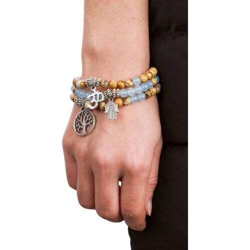 Hamsa Evil Eye Charm Bracelets with Stones 6mm Blue Malay Beads OM Tree of Life Bracelets for Women Jewelry 2020
