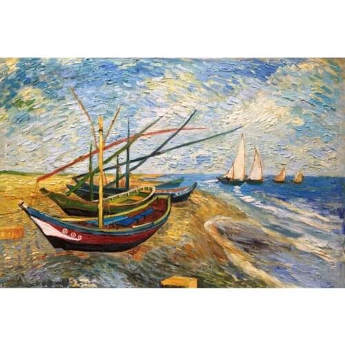 Canvas Oil paintings Vincent Van Gogh Fishing Boats on the Beach at Saintes Maries reproductions Art High quality Hand painted