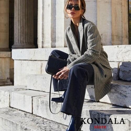 KONDALA Za 2020 Women Blazer Office Lady Plaid Print Long Jackets Autumn Winter V-Neck Elegant Loose Coats Mujer Outwear