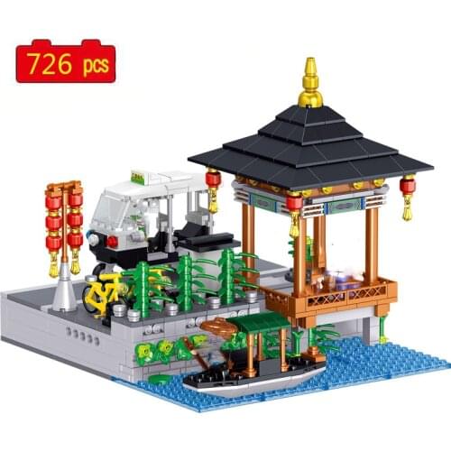 Chinese Style Creative Street View Summer House Tricycle Boat DIY Model Building Blocks Bricks Toys Gifts