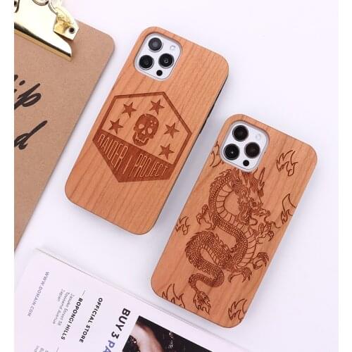 Creative Skull Dragon Natural Wood Phone Case Funda For iPhone 11 12 Pro 7 7Plus 8 8Plus XR X XS Max Mini Carved phone Coque