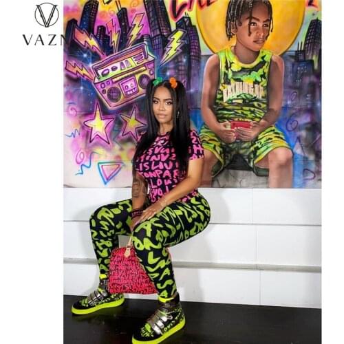 VAZN 2021 Hot Sales Regular Letter Free Casual Young Tracksuits Short Sleeve Top Long Pants Slim Women 2 Piece Set