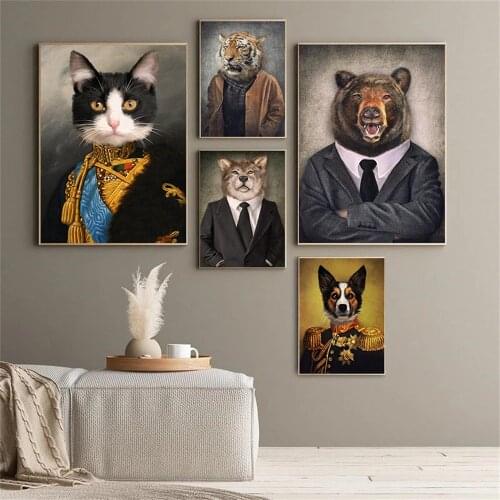Wall Art Funny Animal Canvas Painting Cat and dog in clothes Poster Creativity Nordic Style Modern Living Room Home Decoration