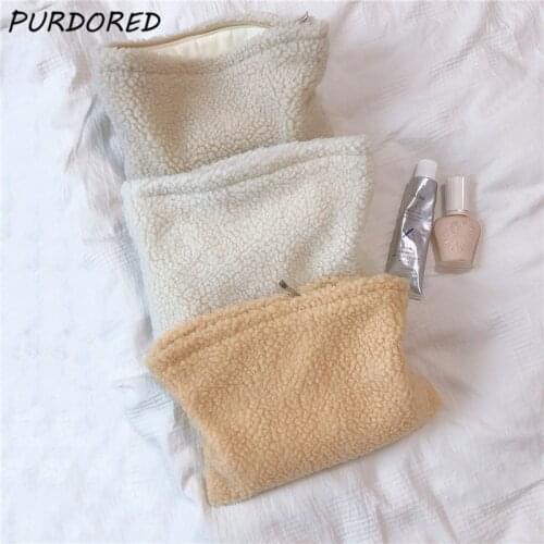 PURDORED 1 Pc Fashion Solid Color Lambswool Makeup Bag for Women Soft Wool Cosmetic Bag Travel Female Make Up Storage Organizer