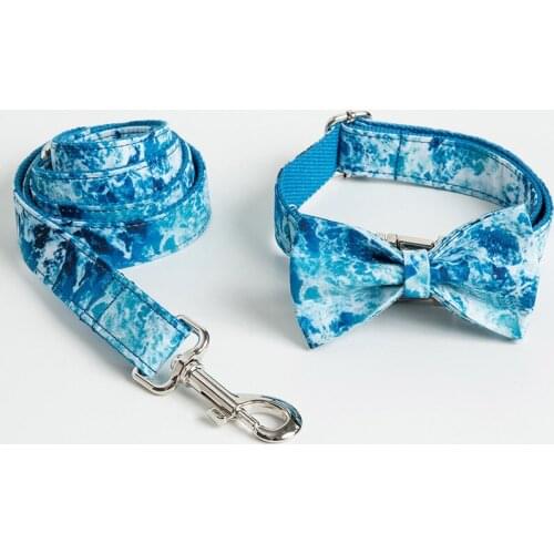 Personalized Ocean Pattern Pet Dog Collar and Traction Rope Tie Set Fashion Custom Pet Dog Leash Bow For Small Medium Large Dogs