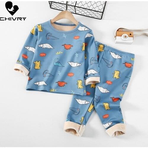 New 2020 Kids Boys Thicken Pajama Sets Cartoon O-Neck T-Shirt Tops with Pants Baby Girls Winter Keep Warm Sleeping Clothes