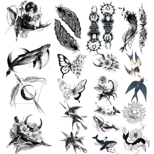 Realistic Black Whale Temporary Tattoos For Women Adult Butterfly Feather Swallow Fake Tattoo Sticker Arm Water Transfer Tatoos