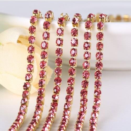 Rose Red 10Yards DIY Rhinestone Chain Dense gold bottom sewing Rhinestones for clothing Art Decoration