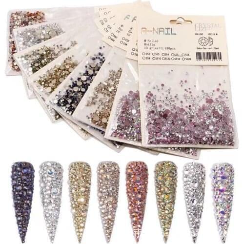 Mix Sizes 1440PCS/Pack Crystal Non Hotfix Flatback Nails Rhinestones For Nails 3D Nail Art Decoration Gemstone