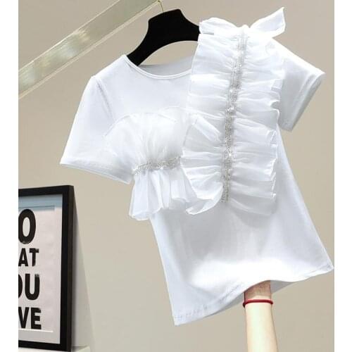 2021 Summer Short Sleeve Black T-Shirt Women Basic Tee Shirt Female Casual O-Neck White Patchwork Ruffled Stitching Beading Tops