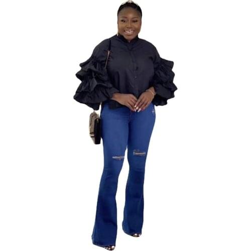 New Lotus Leaf Sleeve Shirt Spring 2021 Solid Color Womens Stand-Up Collar With Buttons High-Quality Fashion All-Match Shirt