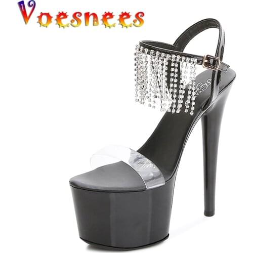 Voesnees Women Club Shoes Super High Heels Thin 17cm Heel Platform Sandals Crystal Wedding Shoes One Word Sexy Heels Female Shoe