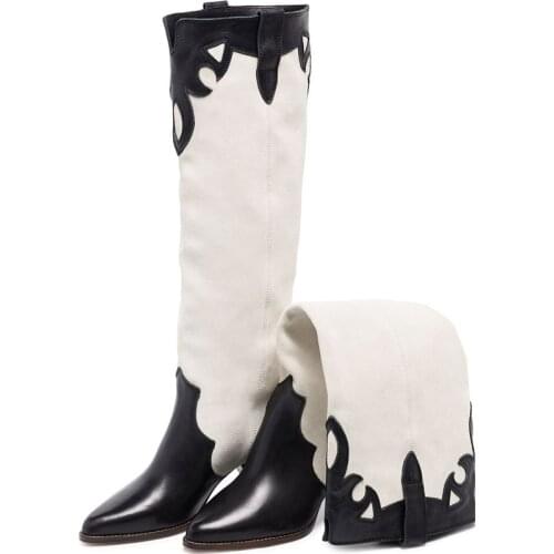 Slip On Retro Genuine Leather Motorcycle Boot Pointed Toe Thick Heels Shoes Woman Lady Mixed Colors Mid-Calf Pumps Knee High 46