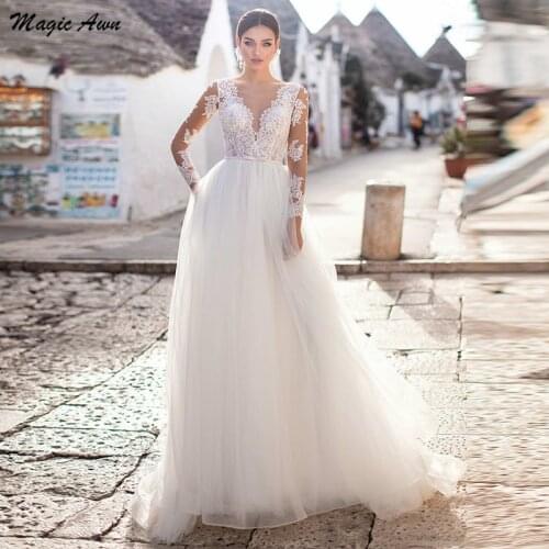 Magic Awn Full Sleeves Beach Wedding Dresses Lace Appliques Ivory Illusion Mariage Gowns A-Line Boho Soft Tulle Vestido De Novia