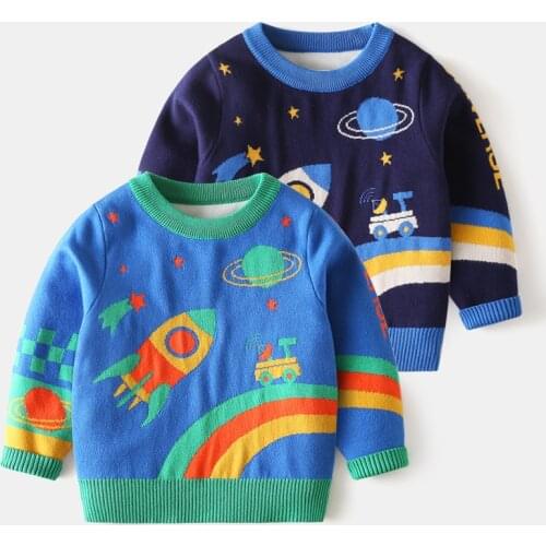 Winter Baby Boy Clothes Cartoon Knitted Sweater Space Pattern Long Sleeve O Neck Thick Blue Pullover Tops For Children 2-7Y