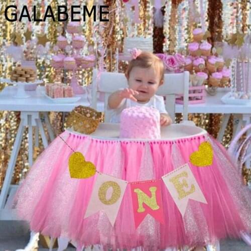 Galabeme 1set ONE Banner and Tulle baby chair skirt boy Baby Shower Decoration kids girl First 1st Birthday party decoration