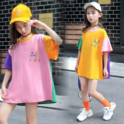 2021 Girls Summer Tops Children T shirt Patchwork Color Baby Girl Clothes Tee Girls Casual Dress Tshirt Kids Clothing 9 11 Years