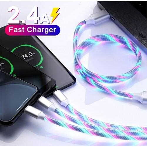 3 In 1 Micro USB Type C Cable LED Flowing Light Type C Chager Cable Mobile Phone Charging Wire For iPhone 12 11 Xiaomi 11 Redmi