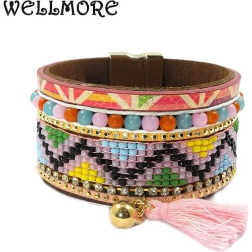 Wellmore beaded bracelets ,leather ,tassel details Magnetic wrap bracelets have 3 size Bohemian bracelets&bangles for women