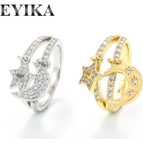 EYIKA Fashion Double Pendant Star Moon Open Ring Zircon Resizable Cocktail Ring Silver Color Women Gold Jewelry for Party/Gift